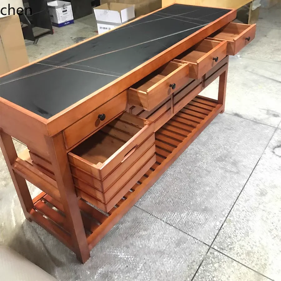 

LXC Solid Wood Cooking Table Open Edge Cabinet Retro Home Console Rural Dining Table Cabinet