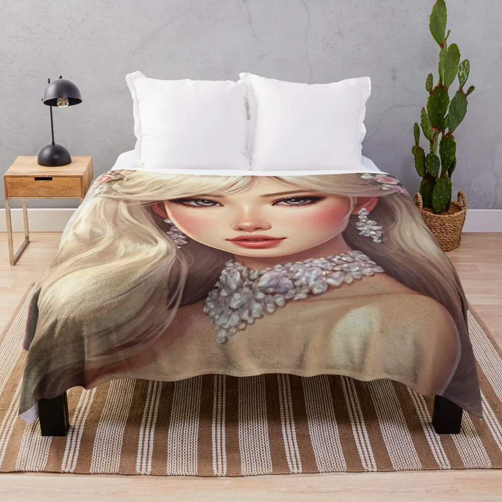 Illustration of stunning Asian bride Throw Blanket Bed Fashionable warm winter Blankets