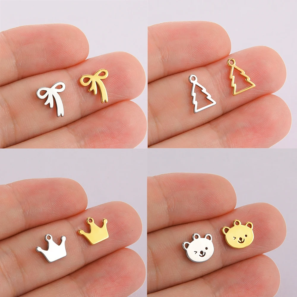 10 sztuk/partia hurtownia ze stali nierdzewnej naszyjnik DIY kolczyki Charms do tworzenia biżuterii zwierząt korona drzewa małe wisiorki akcesoria