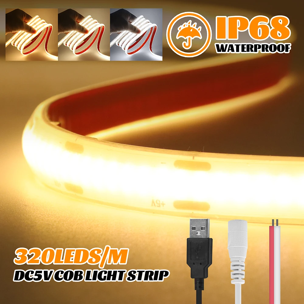 5V COB LED Strip Light With 2PIN Wire USB DC Head 320LED/M High Bright Flexible Tape IP68 Waterproof Home Decor 3000 4000K 6000K