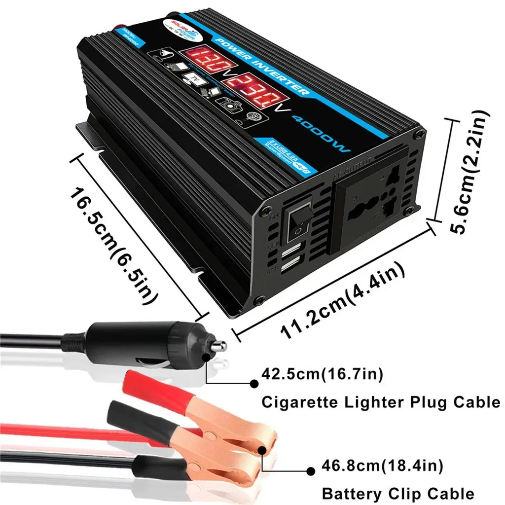Car Power Inverter LED Display 12V to 220V Converter Charger Adapter Multiple Protection Dual USB Voltage Transformer