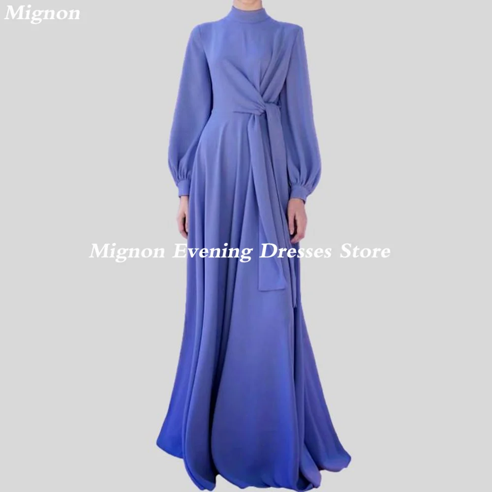 Mignon Satin A-line O-neck Arab Ruffle Prom Gown Floor Length Saudi Evening Formal Elegant Party Dress for Women 2023