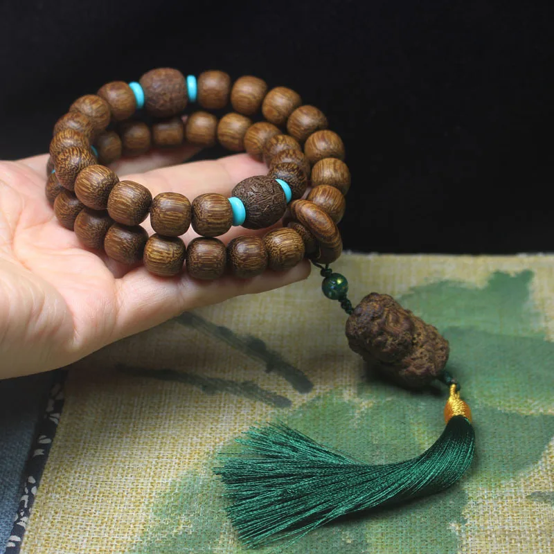 12mm Old-Style Agarwood Beads Handheld Bracelet with Carved Pixiu and Tara Buddha Beads, Old Material Cultural Ornament Hand Acc