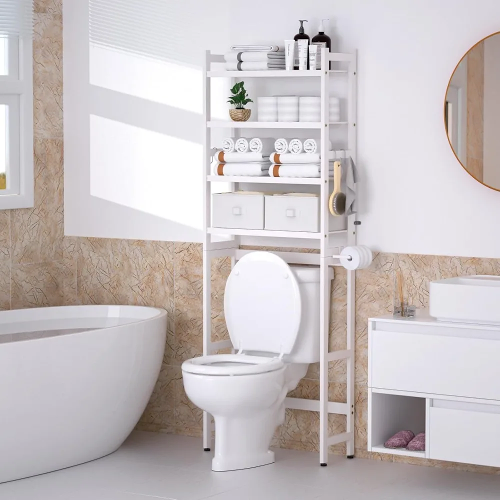 Boven het toilet met 2 manden, 4-laags bamboe organizerrek met papierhouder en 4 haken en voetkussen, badkamermeubelsets