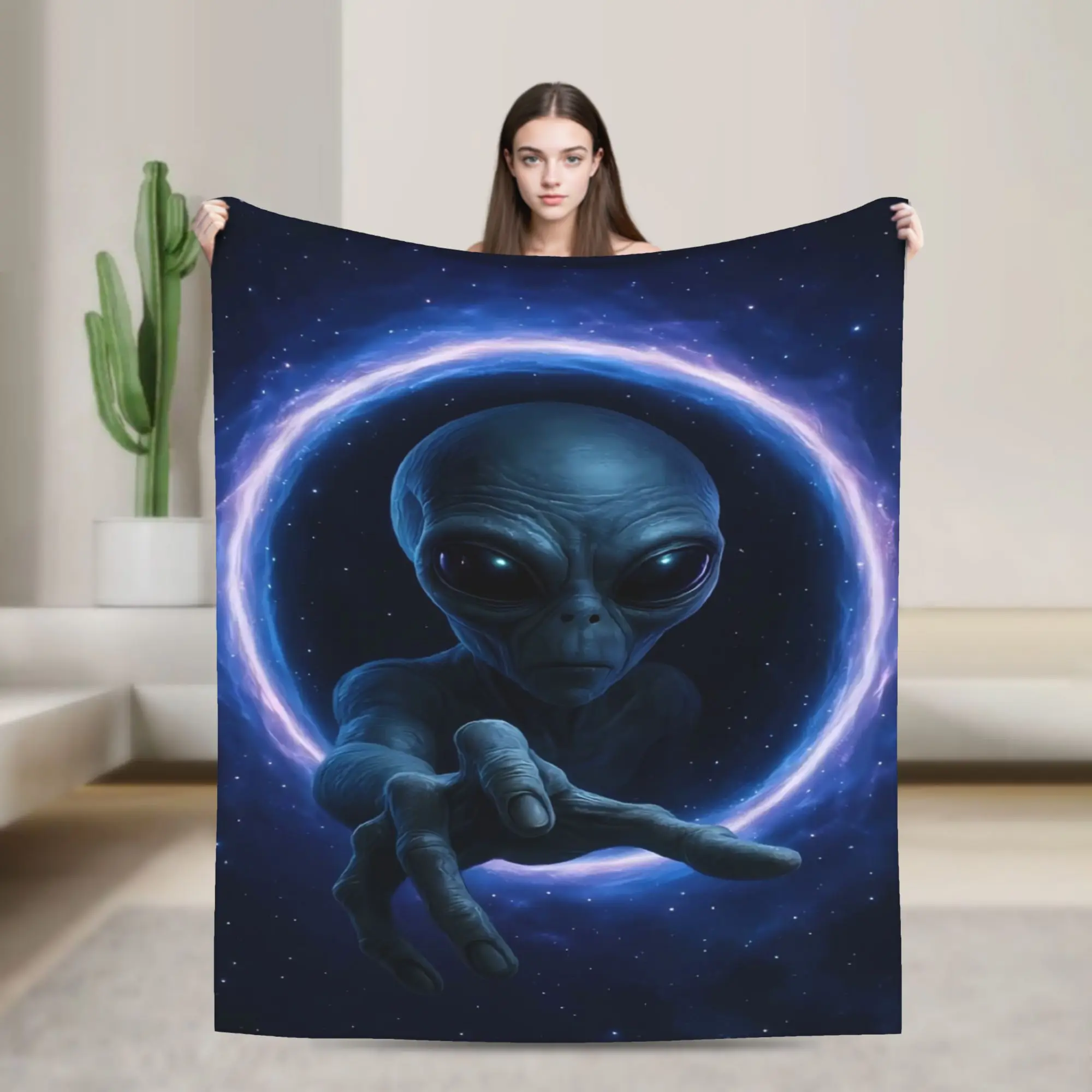 Dark Blue Alien Reaching Hand Out Glowing Space Portal Blankets Office Flannel Throw Blanket For Couch Bed Bedspread Present