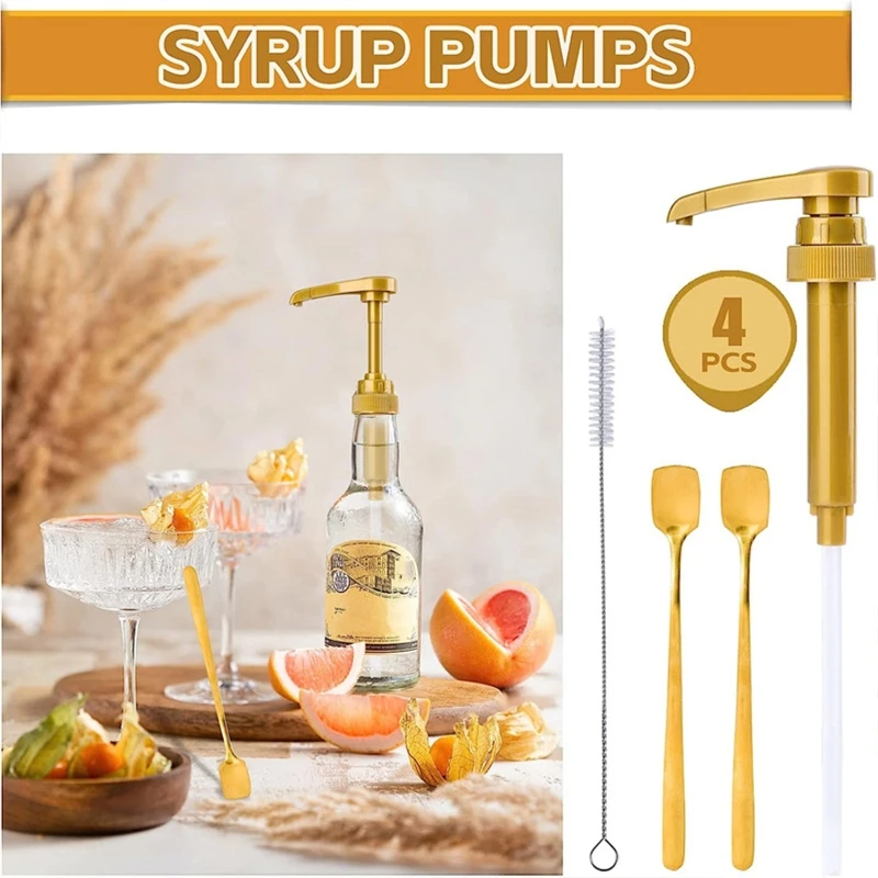 Convenient Coffee Syrups Pump Set Fit Most 750ml/25.4oz Bottles Gold Pump Dispenser Replacement Reusable Pump Home E65B