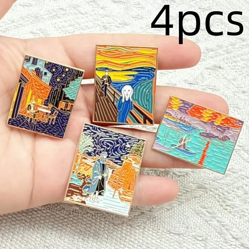 4pcs Funny Screaming Animals Oil Painting Art Enamel Pins Cartoon Chicken Mouse Metal Brooches Backpack Lapel Badges Jewelry Gif