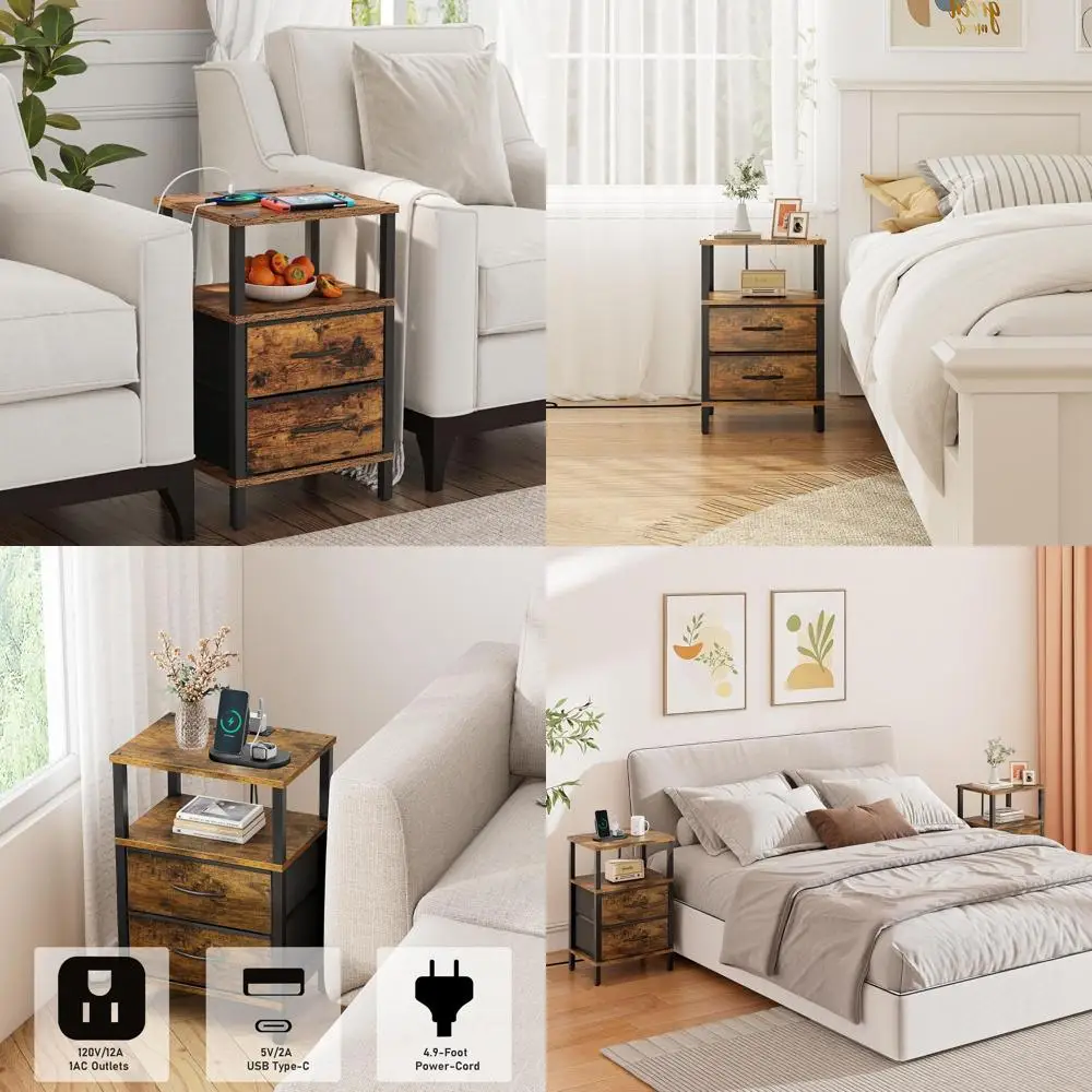 

2-Piece Charging Nightstand Set with USB Ports and Outlets, Brown Couch Side Table