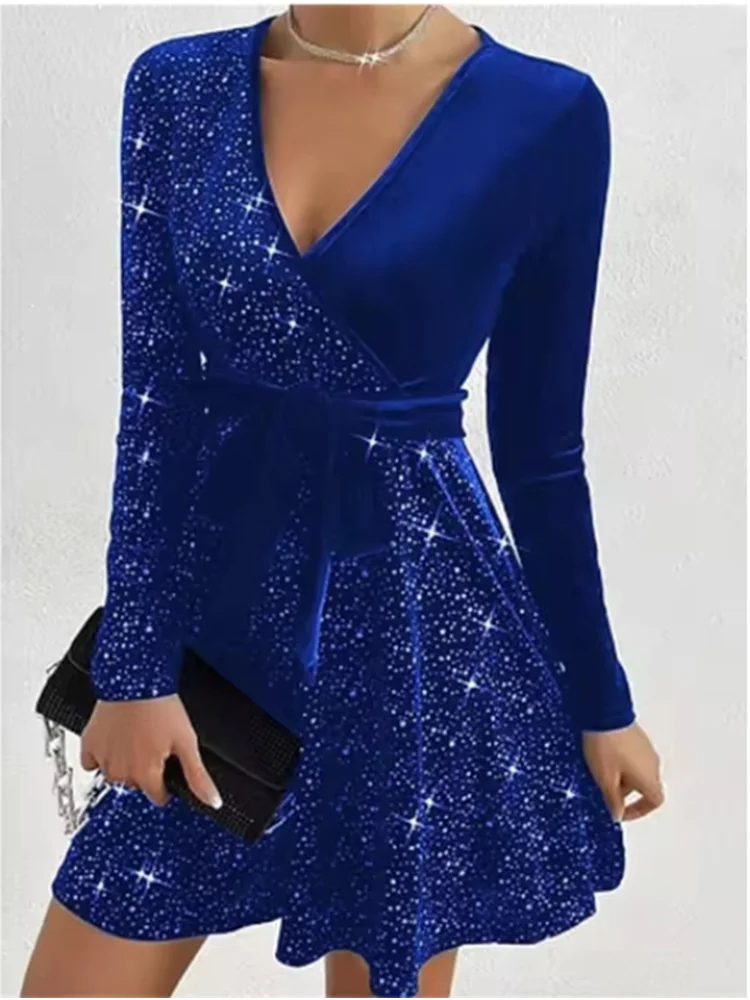 4 Color Sparkling Mini Dress Women's Sexy A-Line Long Sleeved Dress Spring Autumn Party Solid Color Dresses