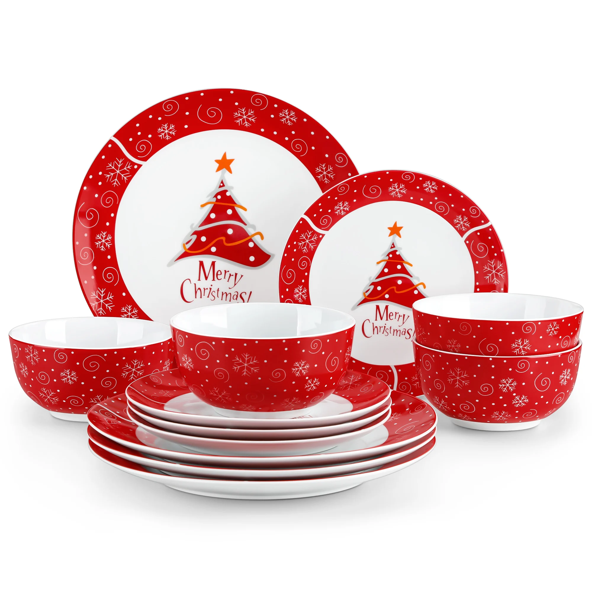 VEWEET 12/24piece Christmas Plates Dinner Sets Ceramic Plate Christmas Tableware with 4/8PCS Dinner Plate/Dessert/Bowl For 4/8