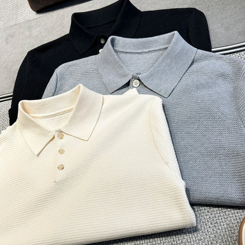 سترة رجالية من مزيج الصوف، أزرار على شكل صدفة بياقة بولو، نمط المال القديم، رمادي فاتح ​