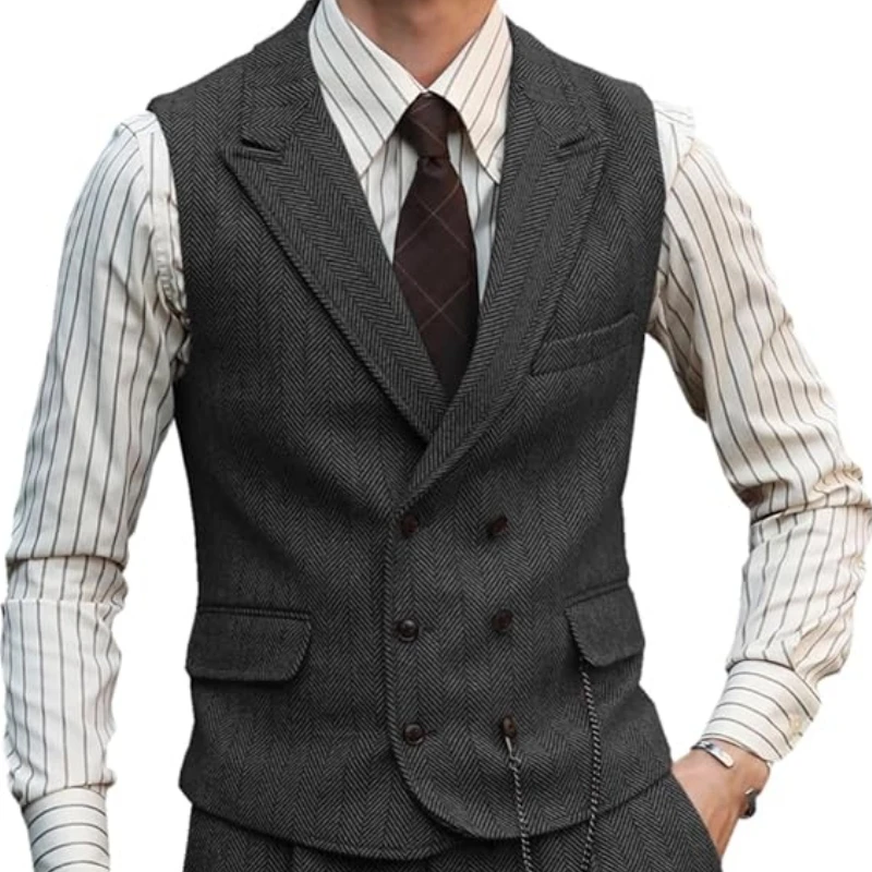 Herringbone Men Vest Dark Green Suede Leather Gentleman Business Waistcoat Vintage Regular Slim Men Suit Vest