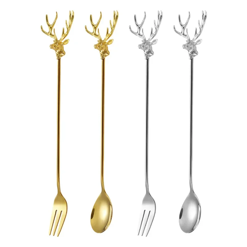 Stainless Steel Milu Deer Coffee Cake Spoon Fork Dessert Spoons Stirring Teaspoon Ice Cream Spoon Fruit Fork Kitchen supplies