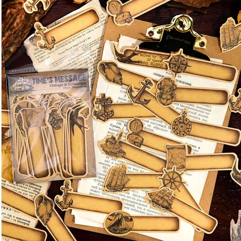 スクラップブッキング、ヴィンテージラベルフレーム、インストールされたメモ帳ステッカー、4オプション、45枚のクラフト紙ステッカー