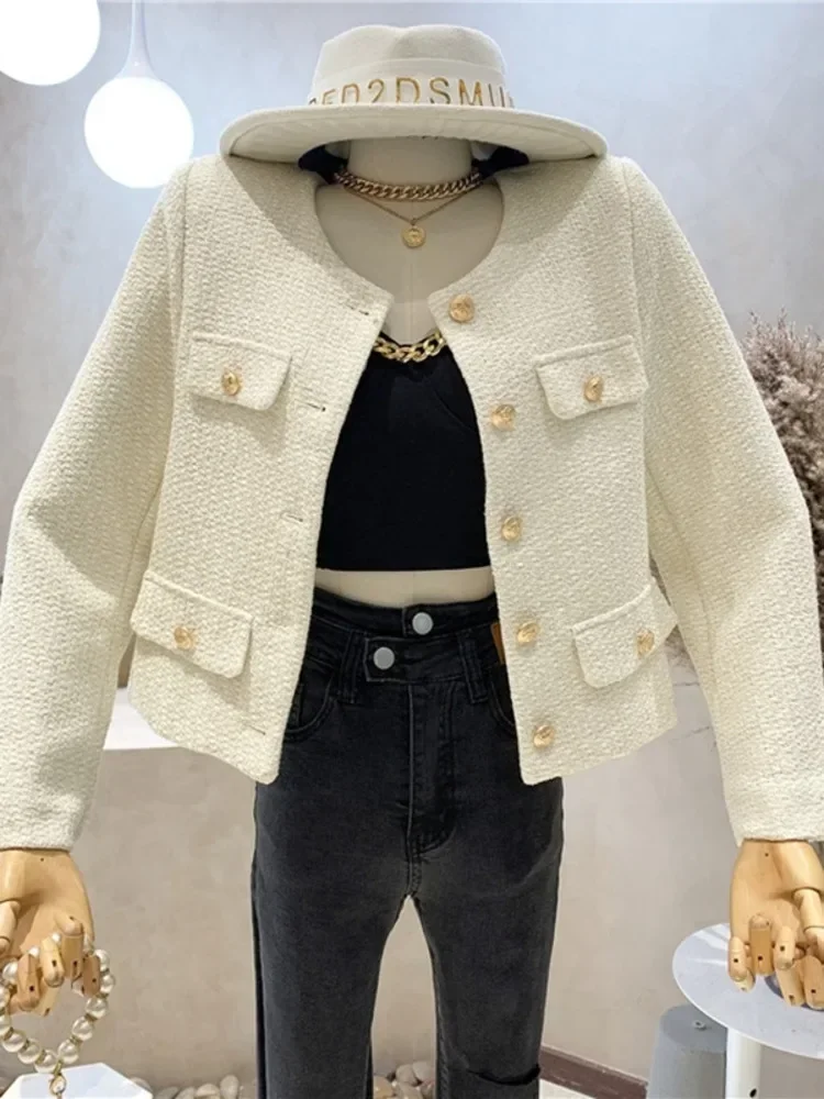 Herbst Winter kleine duftende Tweed Jacke Mantel Frauen Vintage Wolle kurze Mäntel Streetwear elegante lässige schlanke Outwear Crop Top