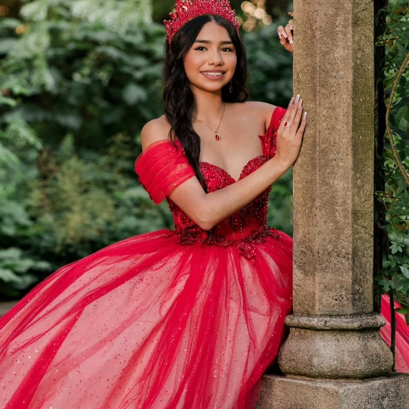 Red Glitter Crystal Sequined Quinceanera Dresses Ball Gown Off The Shoulder Applique Lace Beading Tull Corset Vestidos De XV Año