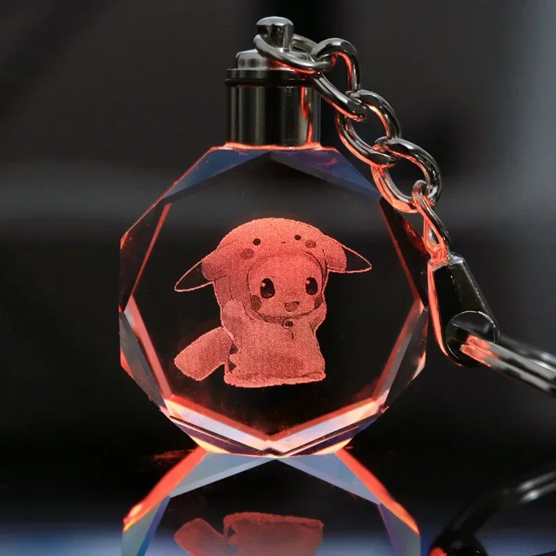 Pokemon Pikachu 3D Luminous Keychain Charizard Mewtwo Figures Toy Crystal Doll Night Light Metal Pendant Kid Birthday Gift