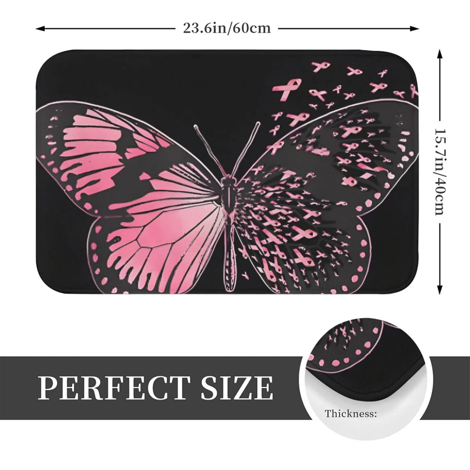 Butterfly Doormat – Non-Slip Flannel with Pink Butterfly & Ribbon Motifs on Black, Entryway Kitchen Bathroom Living Room