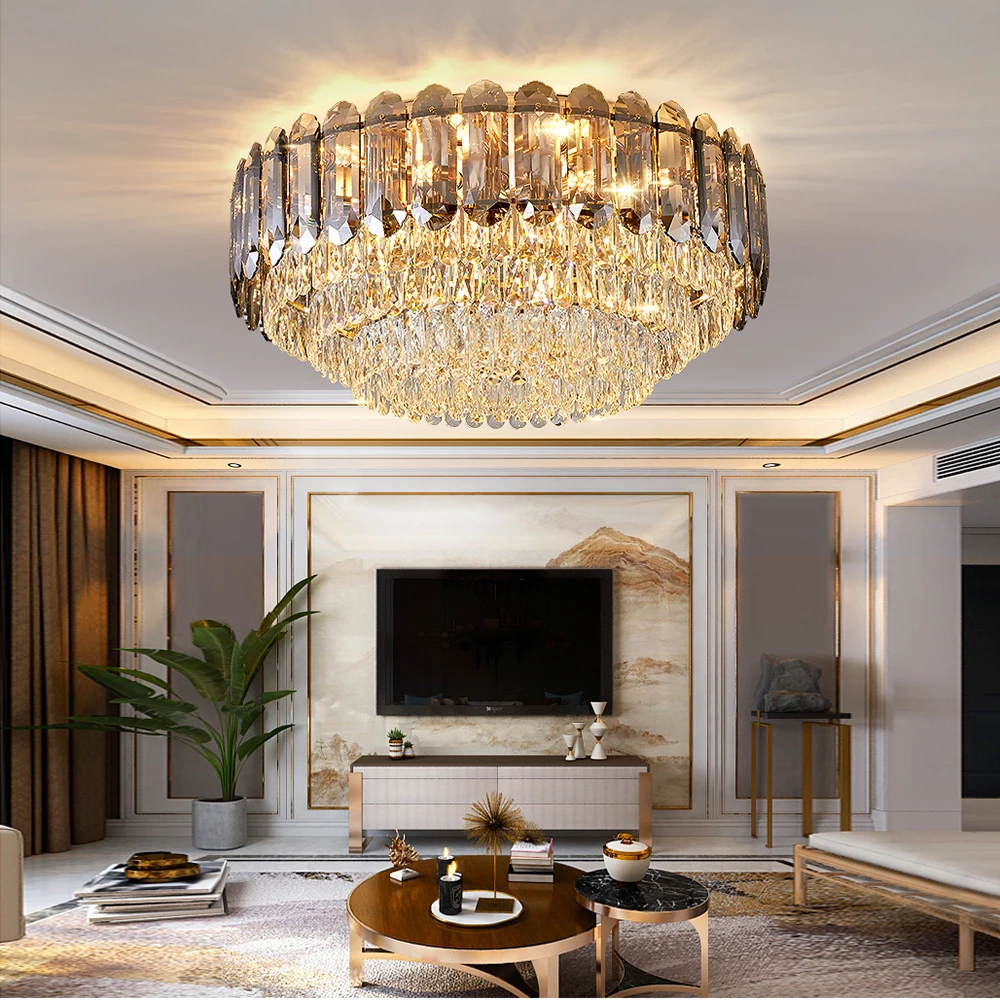 Luxury Smoky Gray Crystal Ceiling Lights 2025 New Postmodern Led Lighting Home Decoration Lamps