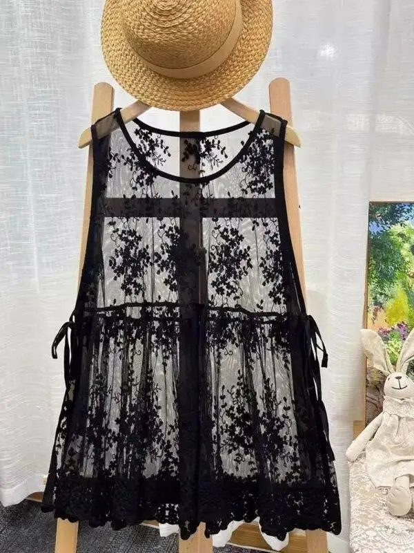 Heavy Embroidery Sleeveless Vest Large Size Lace Overlay Summer Casual Wear round Neckline Comfortable Fit Women's Top