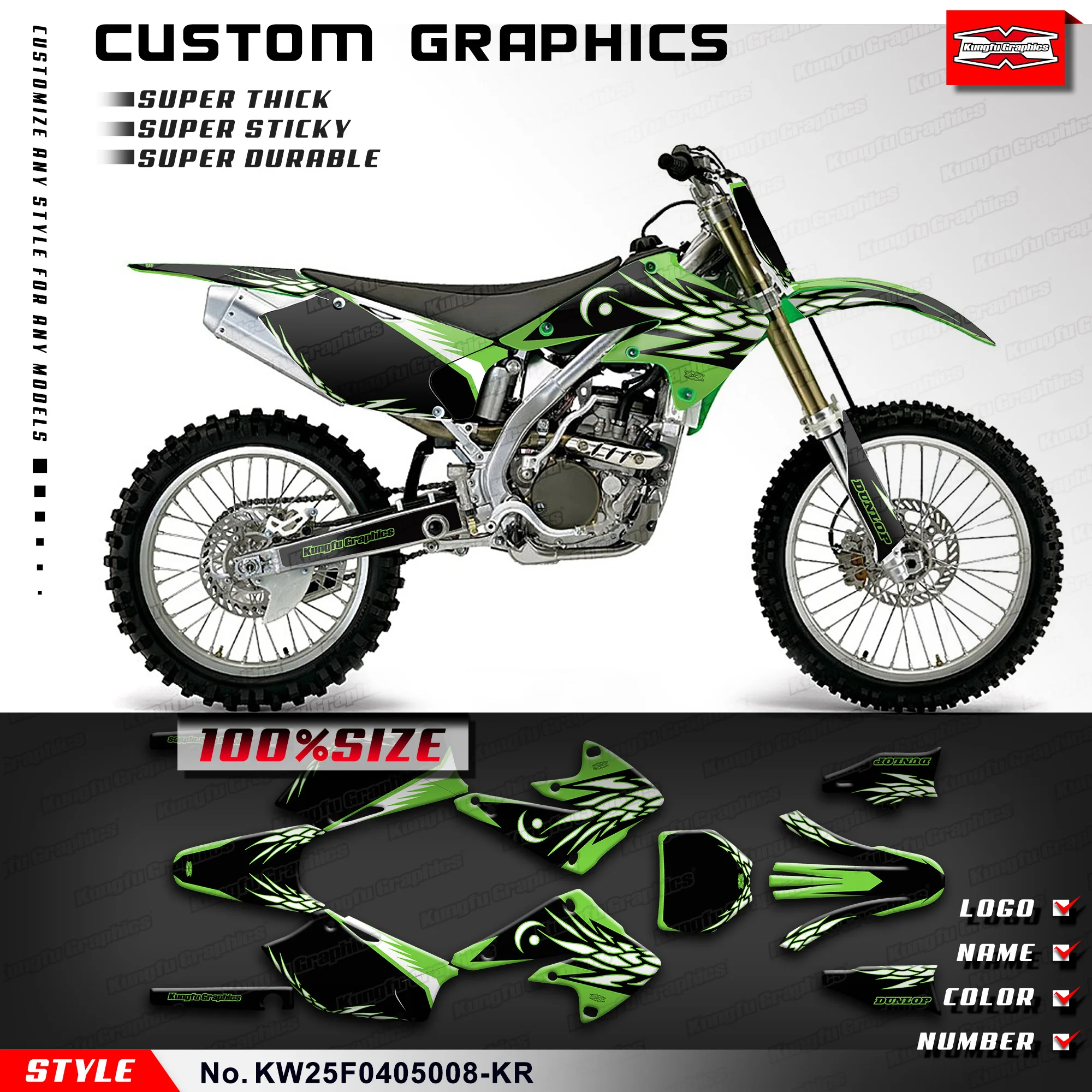 

KUNGFU GRAPHICS Dirt Bike Sticker Vehicle Wraps Decal Kit for Kawasaki KX250F KXF250 2004 2005, KW25F0405008-KR