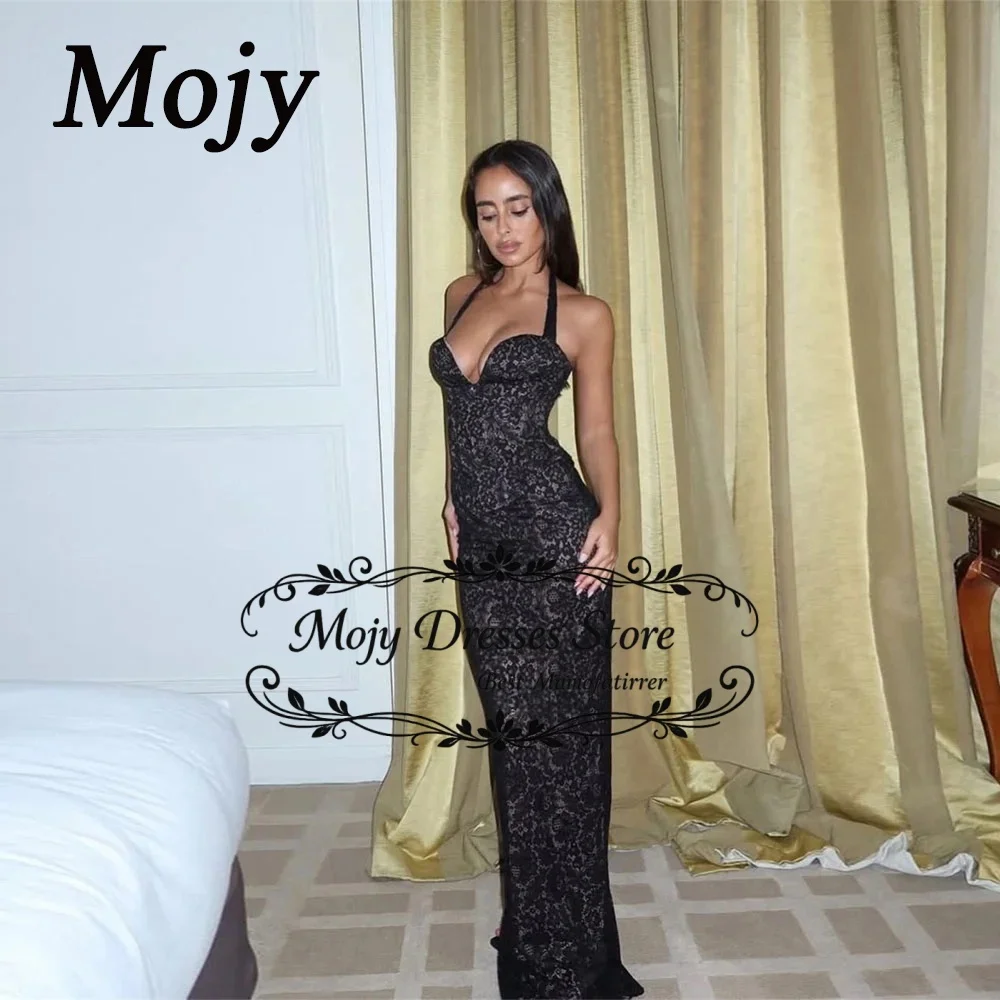 

Mojy 2026 Customized Modest Black Lace Evening Dresses Halter Mermaid Flesh Colored Lining Party Dresses Woman Robes De Soirée