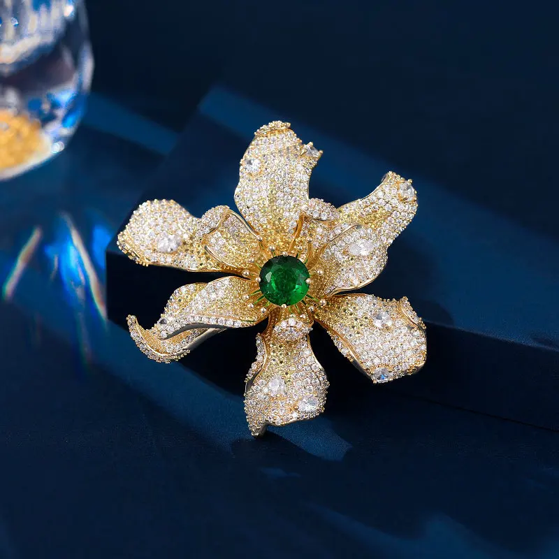 OKILY Luxury Colored Zircon Three-dimensional Orchid Brooches Palace Style Flower  Broche for Women Clothing Temperament Corsage