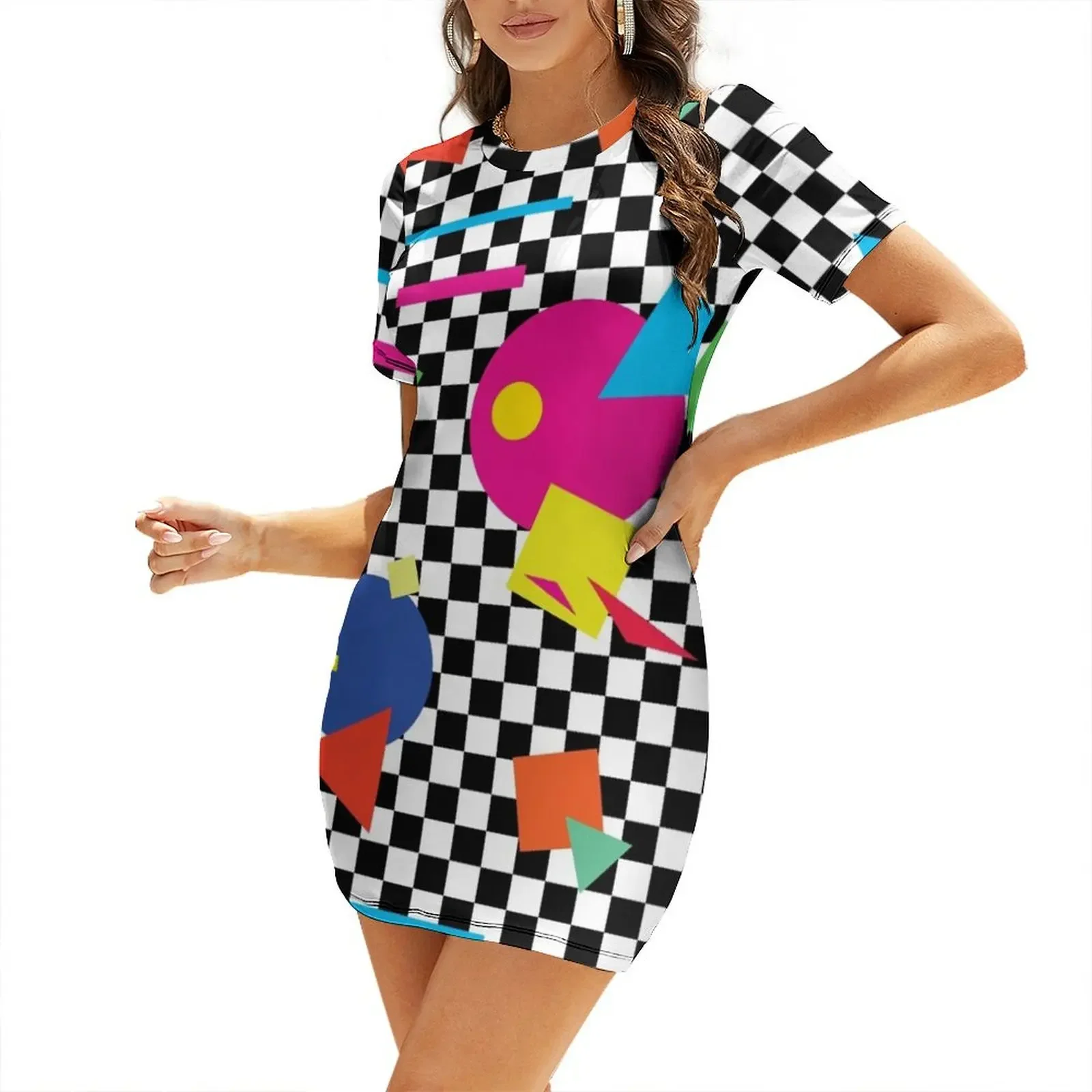 

Retro Classic 1980s Shapes On Black and White Check - Retro Shapes #1 Short-Sleeved Dress summer women's suit