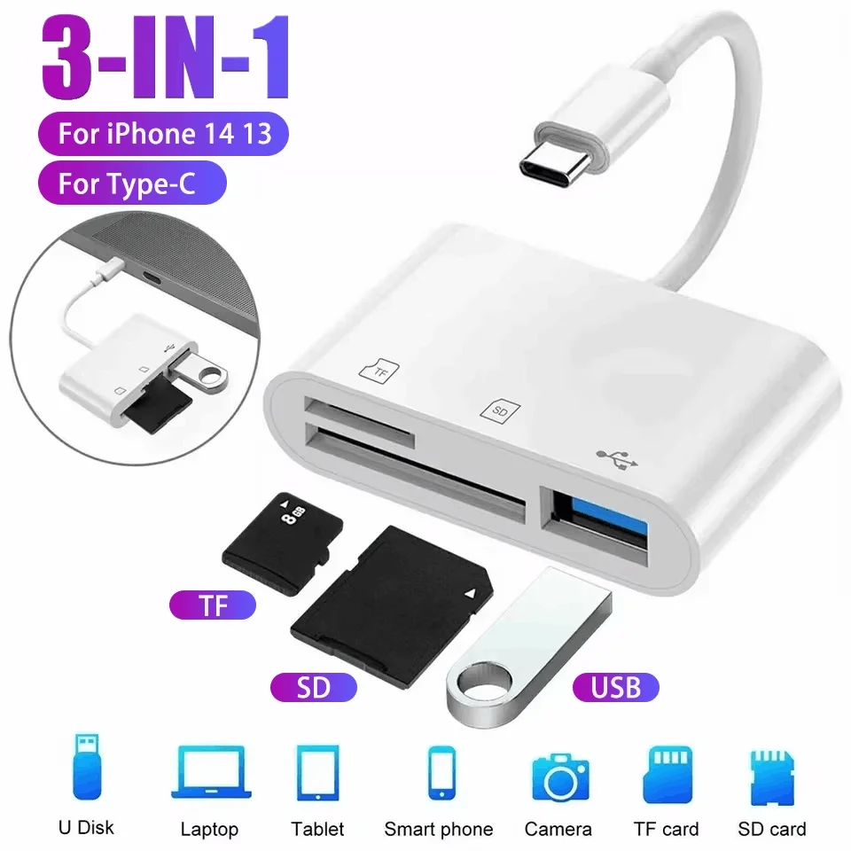 3 in 1 Type C & Lightning  Adapter Multi Port TF CF SD Memory Card Reader USB Hub Converter For Phone Macbook Ipad