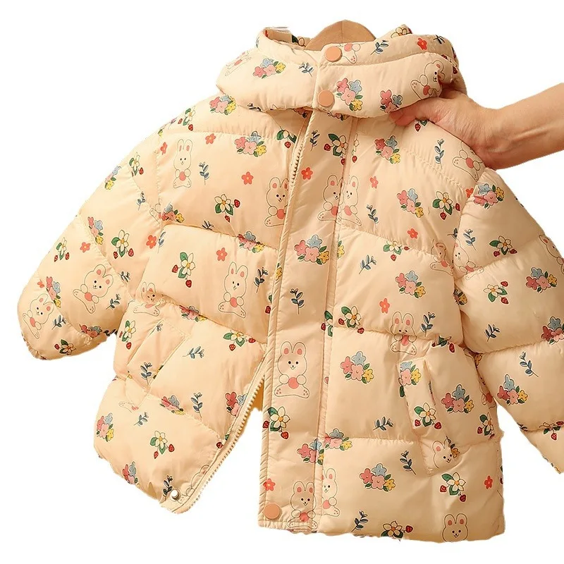 New Winter Childrens Girls Parkas Cotton Padded Floral Fashionable Cute Baby Girls Jackets Plush Thick Hooded Kid Girls Coat