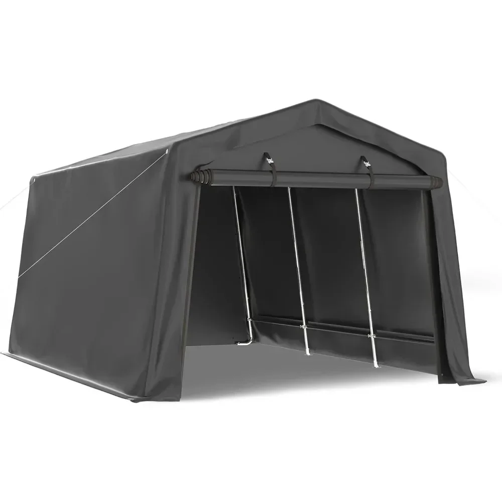 10x15 FT Carport Heavy Duty, Peak Roof Portable Garage Waterproof Snow Proof UV Carport with Roll Door Steel Tube Frame Gazebos