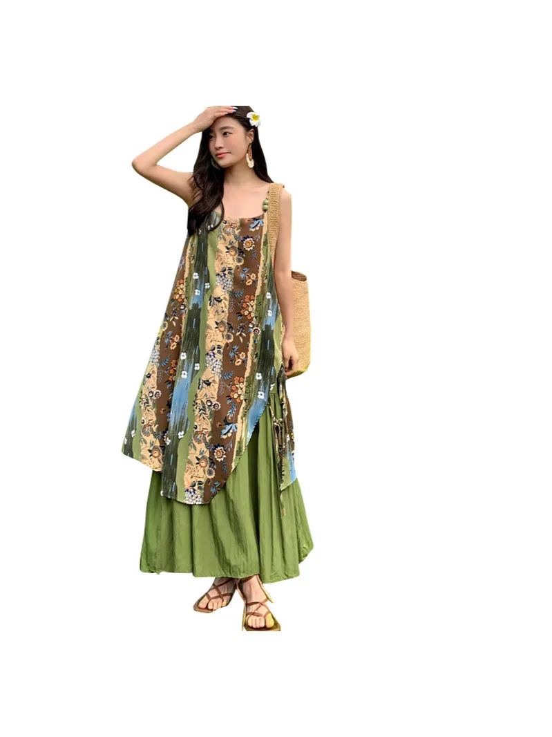 بوهيميا عطلة الشاطئ نمط الأخضر عدم انتظام الأزهار طباعة الرسن فساتين للنساء الصيف بلا أكمام ثوب الجنية التنانير الطويلة