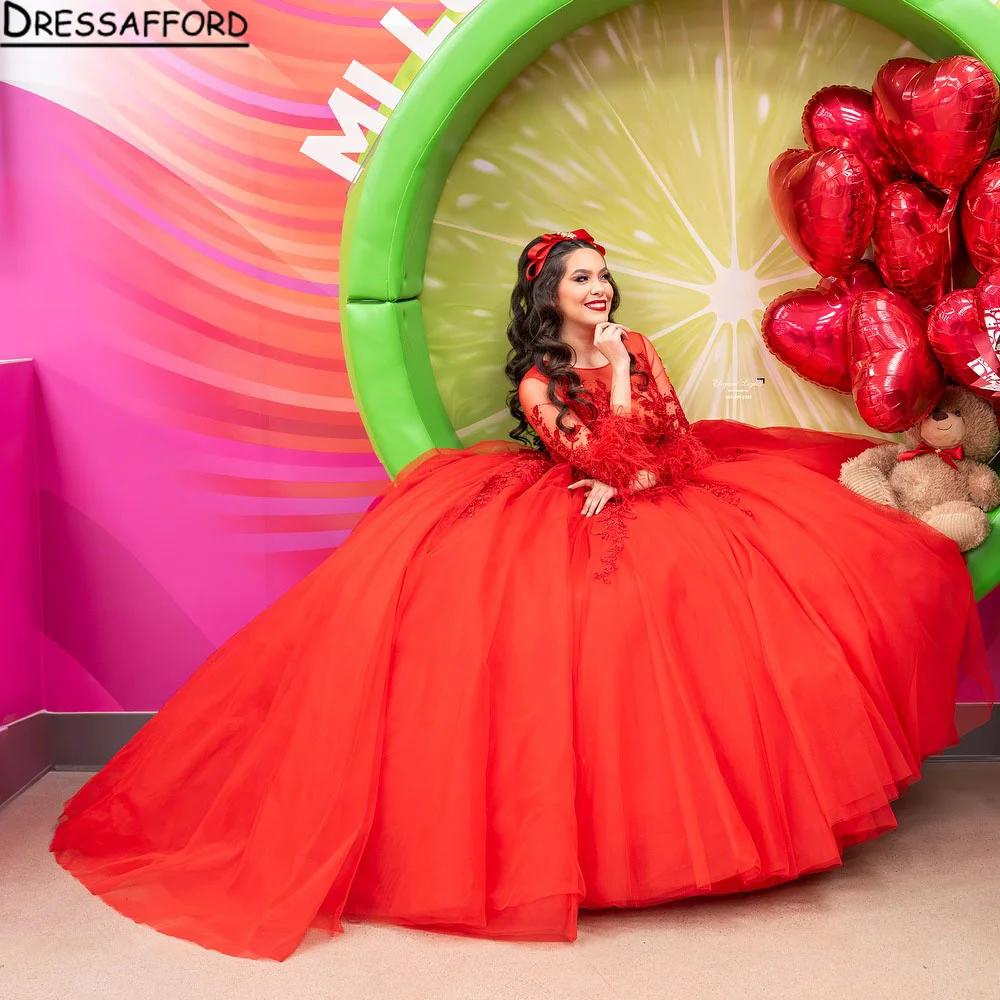 

Red Quinceanera Dress Long Sleeves Beaded Appliques Princess Ball Gown for Sweet 16 Birthday Party Robe De Bal