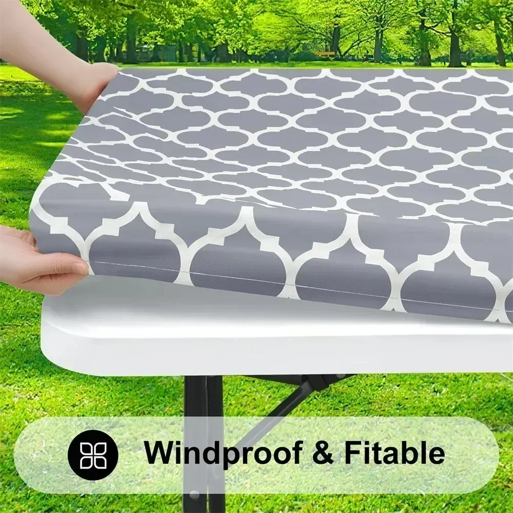 Folding Elastic Fitted Vinyl Waterproof Tablecloth Flannel Backing Rectangle Table CoverTable Wipeable TableCloth Outdoor Party