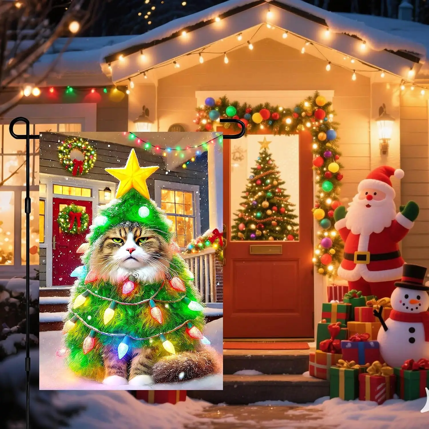 Funny Christmas Cat Garden Flag 12x18 Inch Holiday Tree Costume Yard Banner Double Sided Festive Outdoor Decoration Winter W PPZ