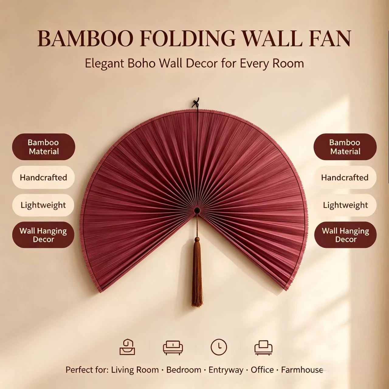 New Chinese-style Bamboo Woven Decorative Hanging Fan, Creative Wall Hanging Fan for Hotel Bedroom, Gift Decorative Fan