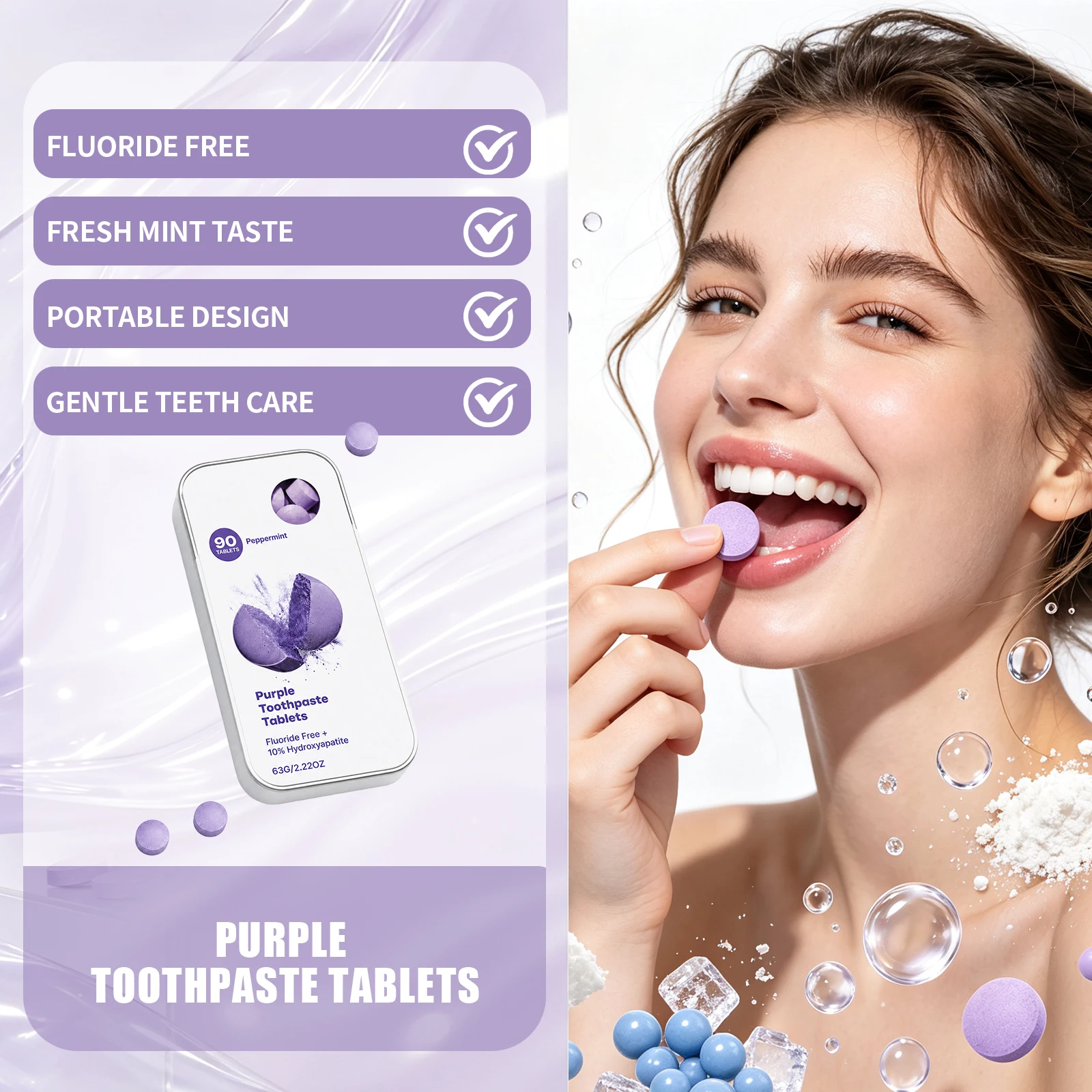 Purple Toothpaste Tablets 90pcs Fluoride Free Hydroxyapatite Non- Brush Fresh Oral Care Portable Whitening Tooth Chewable Pills