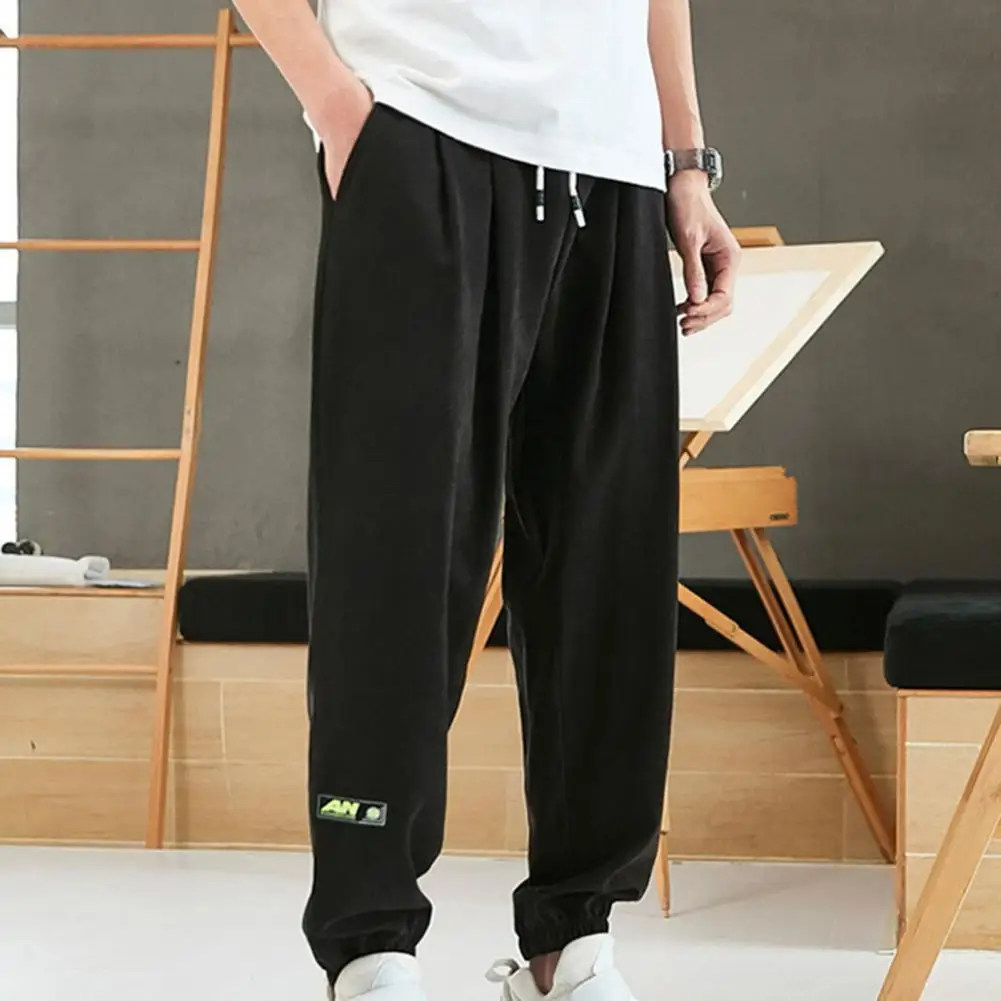 Men Pants Pure Color Simple Drawstring Casual Spring Trousers for School