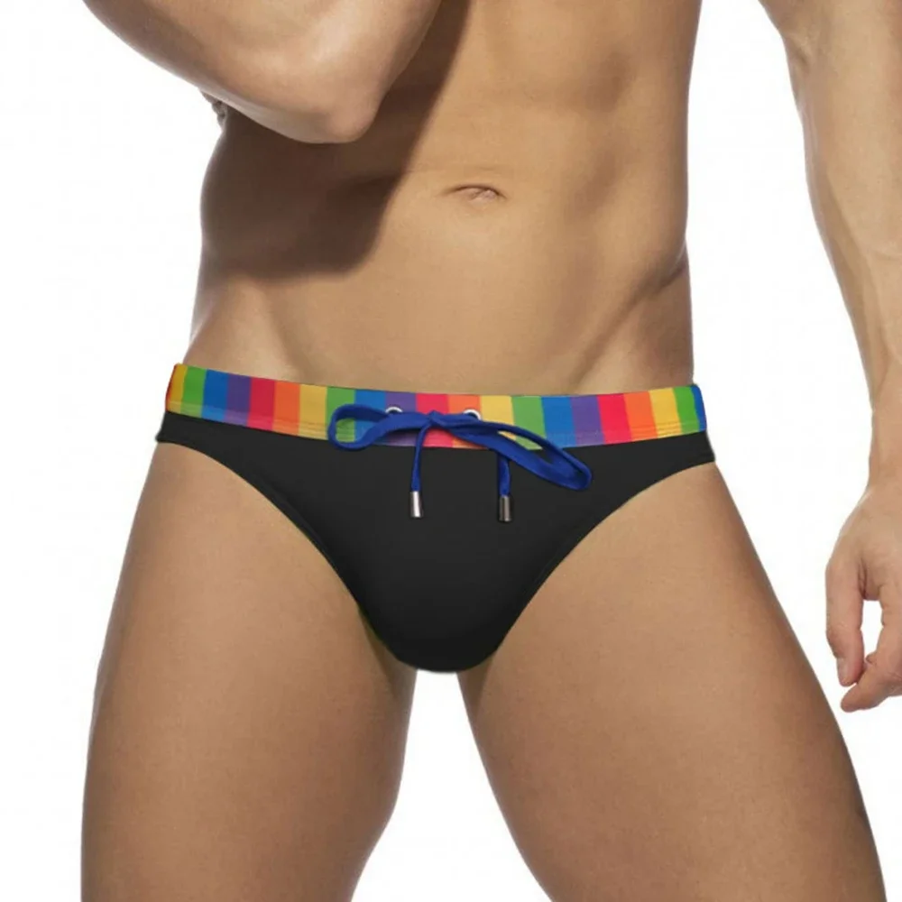 Men's Rainbow Stripe Swim Briefs Contour Pouch Bikini Swimsuit Swimwear Male Sexy Swimming Trunks Board Beach Surfing Shorts
