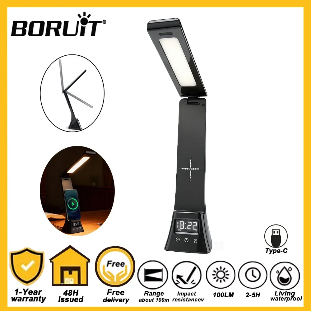 

BORUiT LED Desk Lamp 15W Wireless Charger Stand With Alarm Clock 3 Colors Dimmable Desk Light for Home Office Bedroom Bedside