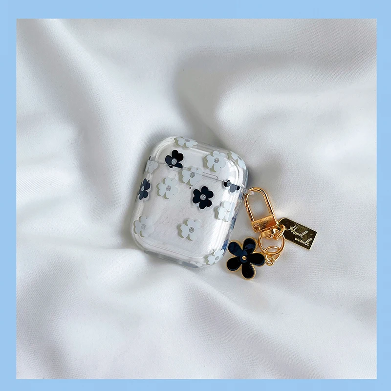 Black Flower For Apple Bluetooth AirPods Pro 2nd Protective Case Transparent Soft Case For Airpods1/2/3 Generation With Keychain