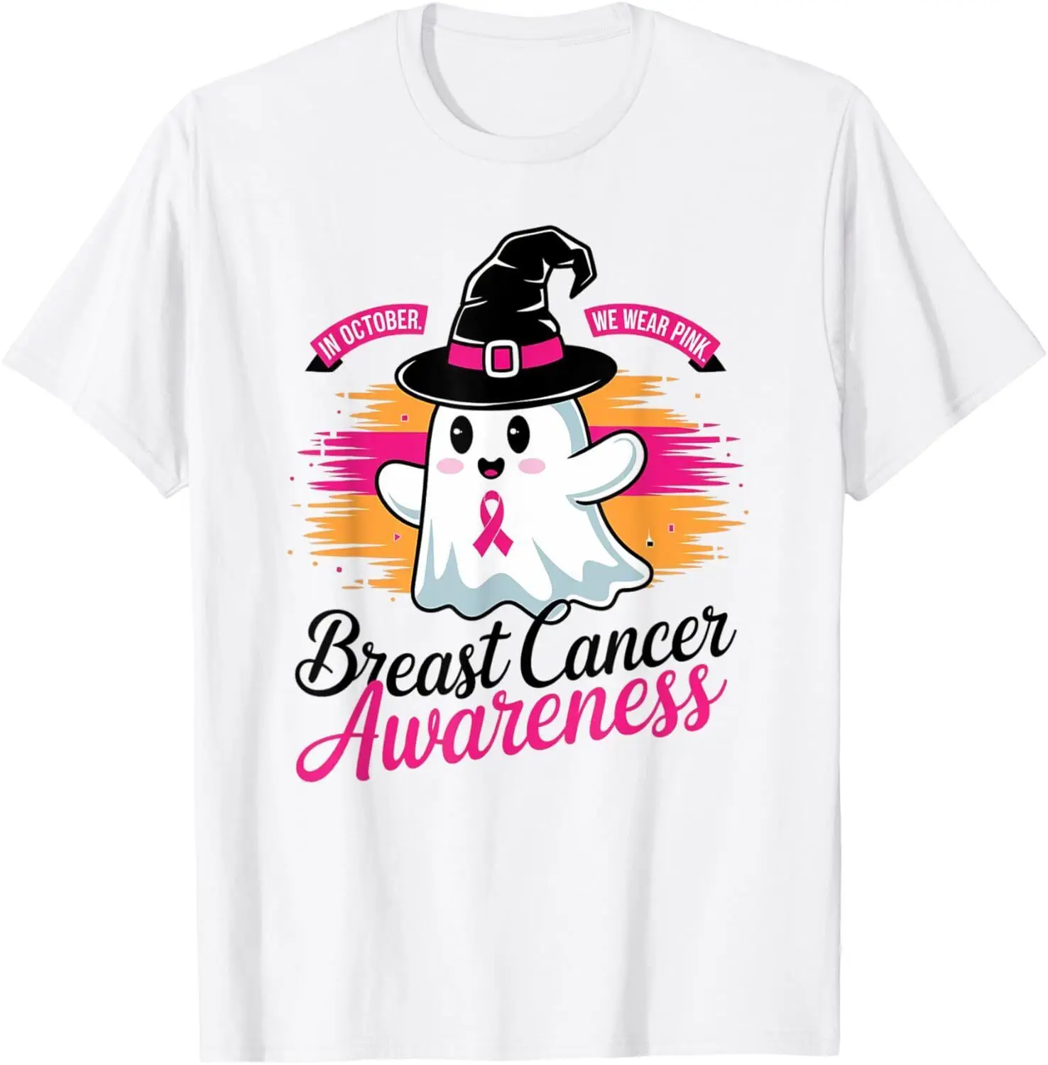 Breast Cancer Halloween In October We Wear Pink Ghost Witch T-Shirt S-5XL