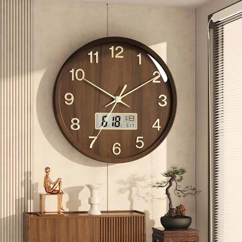 New Chinese Solid Wood Wall Clock Living Room Household Quartz Clock with Calendar Atmospheric Decorative Clock