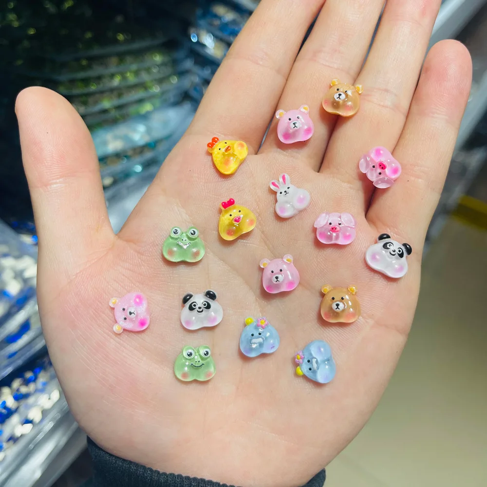 20pcs Mini Kawaii Glitter Cartoon Fat Doodle Face Chicken Brown Bear Frog Rabbit Pig Panda Nail Art Accessories Decor Charms