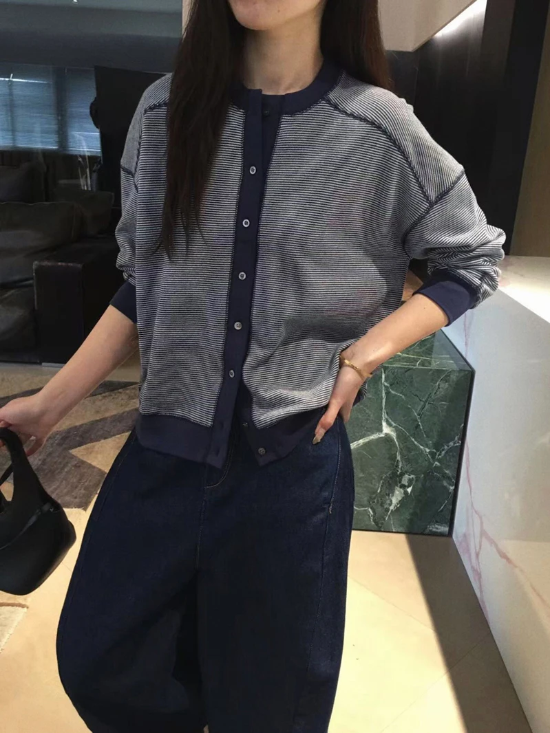 

Женская повседневная хлопковая футболка Cuijia с длинным рукавом, круглым вырезом, в полоску, с широкими плечами, удобная, дышащая, средней плотности