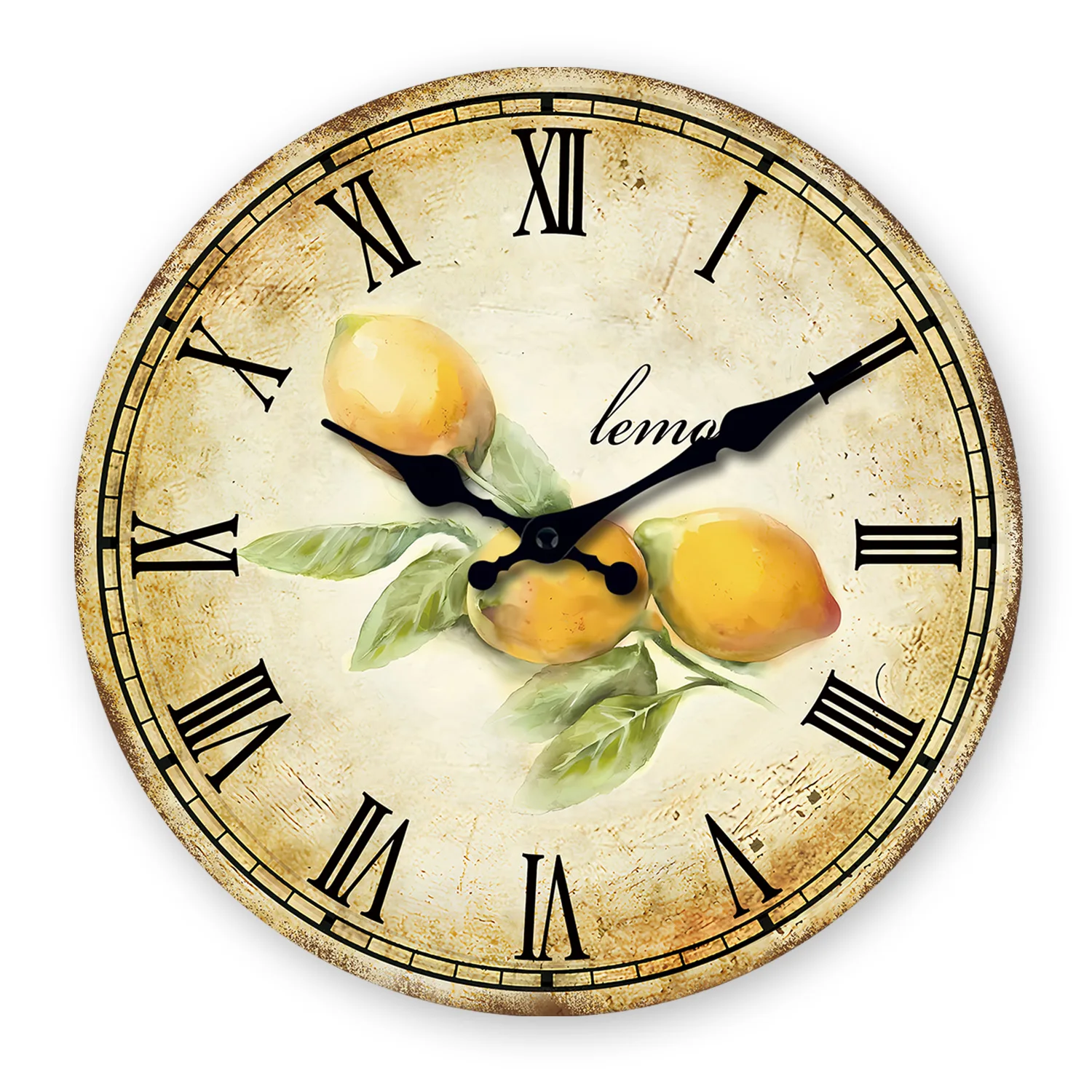 Retro-Stil, römische Ziffer und Zitronenmuster, Holz-Wanduhr, Wohnzimmer, Schlafzimmer, Küche, Heimdekoration, Wanduhr, stille Quarzuhr, Weihnachtsgeschenk, 10 Zoll, 12 Zoll, 14 Zoll, 16 Zoll (ohne