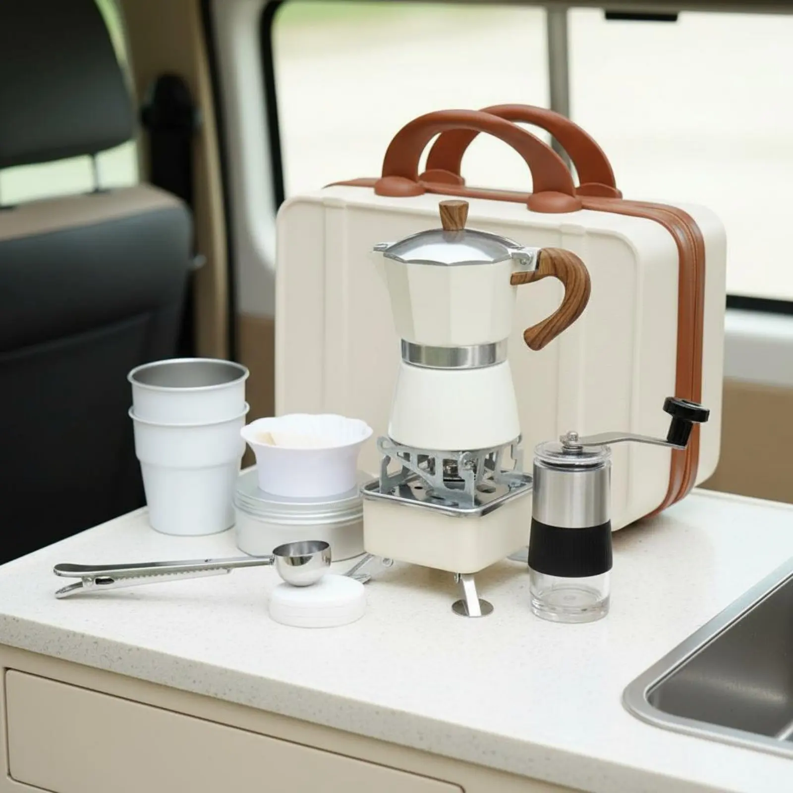 

Camping Espresso Brewer Set Wood Grain Handle Outdoor Stovetop Espresso Pot Set Stovetop Coffee Brewer Trip Kit for Travelers