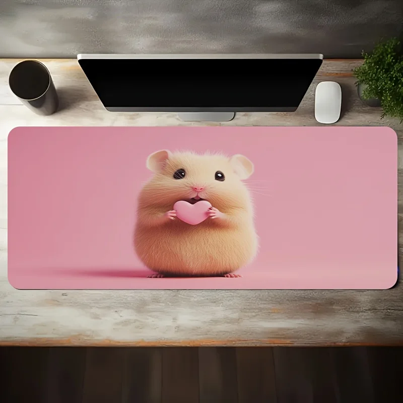 Cute Hamster Holding Heart Pink Mouse Pad XL Non-Slip Rubber Large Desk Mat for Gaming and Office