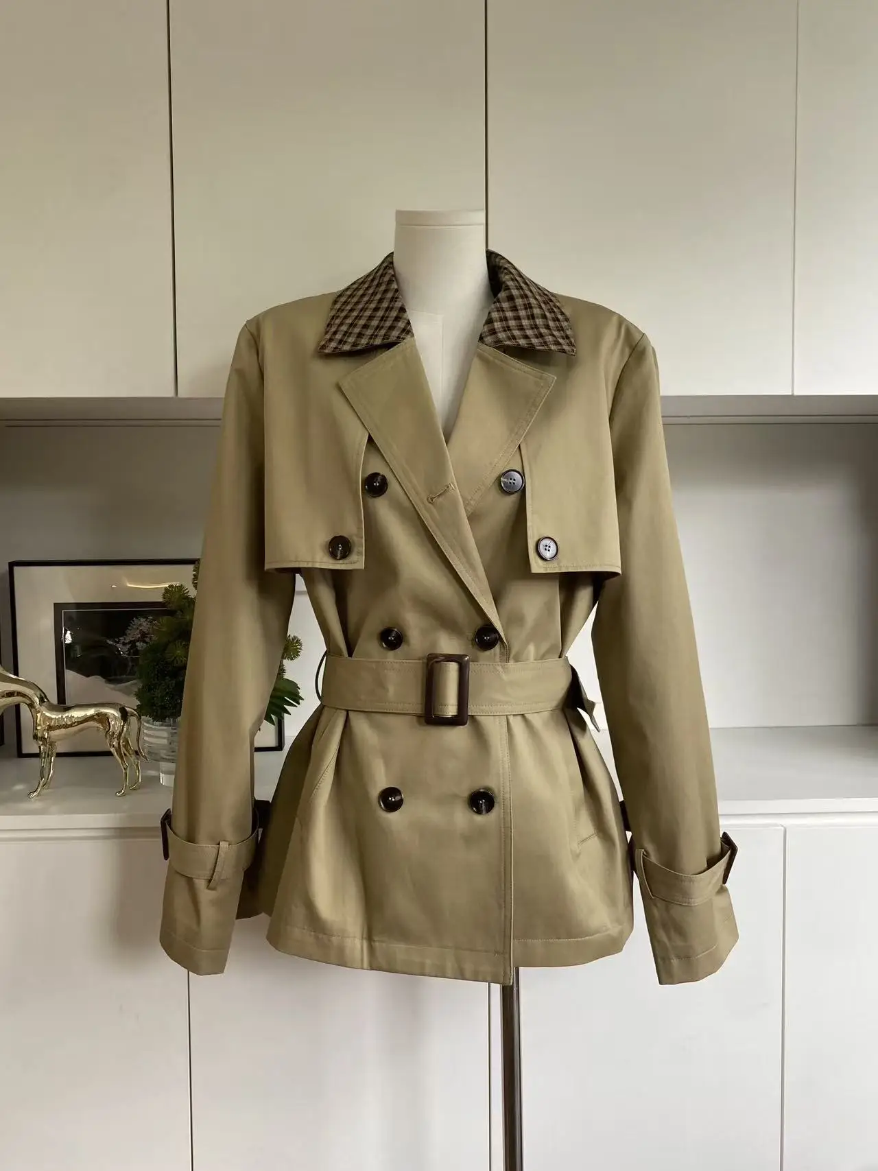 

Women's Autumn Winter Chic Double Breasted Contrast-color Plaid Turn Down Collar Trench Jacket Lady Long Sleeve Loose Outwear