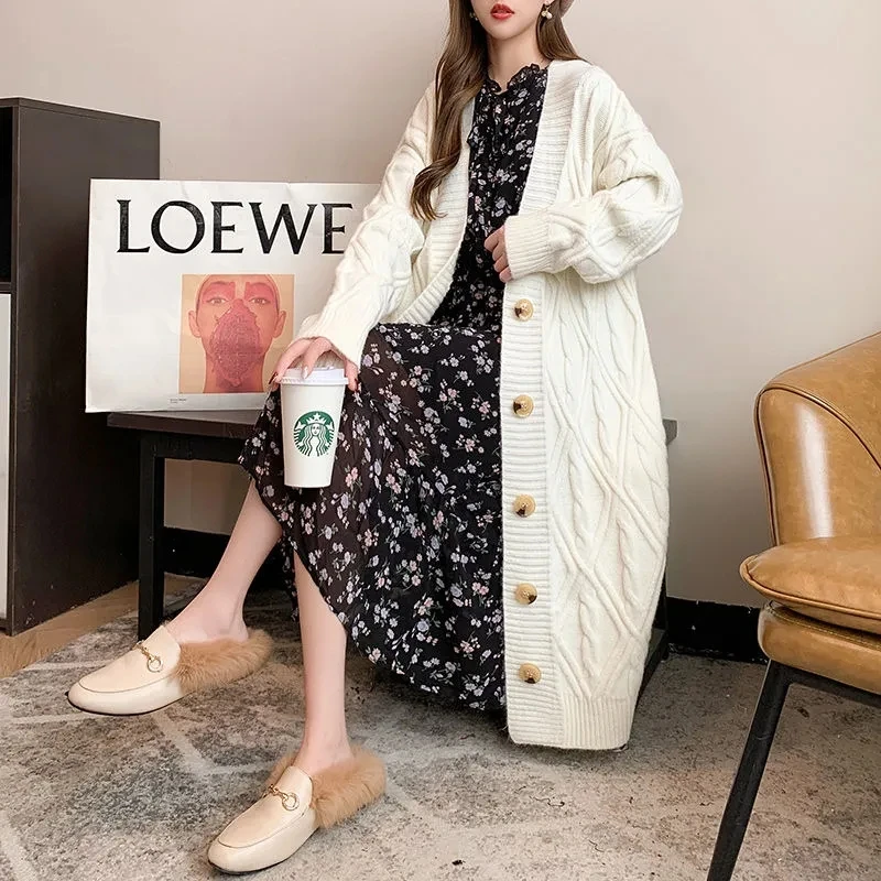 Thick Long Over The Knee Twists Sweater Coat Autumn Winter Women Single Breasted Cardigan Jacket Fashion Lazy Style Knitted Tops